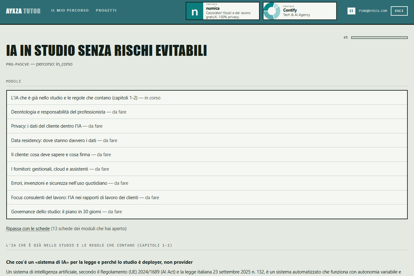 Il percorso di chi studia il corso «IA in studio senza rischi evitabili»: nove moduli con il loro stato, il collegamento alle schede di ripasso e l'inizio delle spiegazioni del primo modulo.