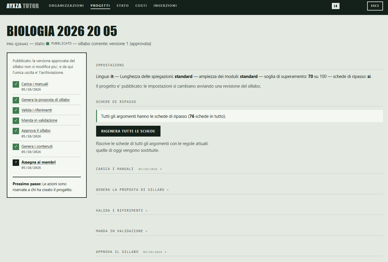 Pagina di un progetto pubblicato vista dal livello L4: a sinistra le sette fasi completate con le date, a destra le impostazioni del corso e le schede di ripasso, 76 in tutto.