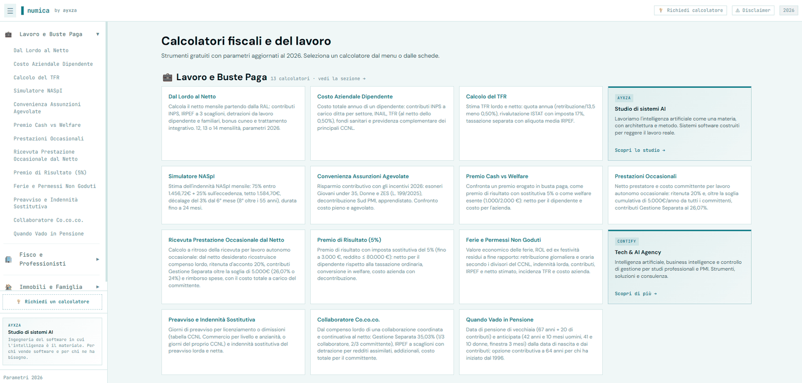 Homepage di Numica: menu laterale con le categorie di calcolatori e griglia di schede per «Lavoro e Buste Paga».